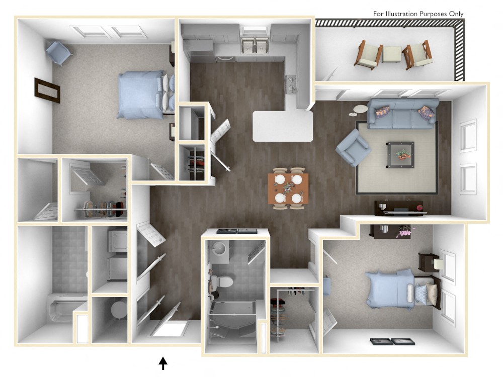 Floor plan for 2 beds, 2 baths, 1117 sqft